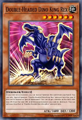 A single card from the set named: Double-Headed Dino King Rex